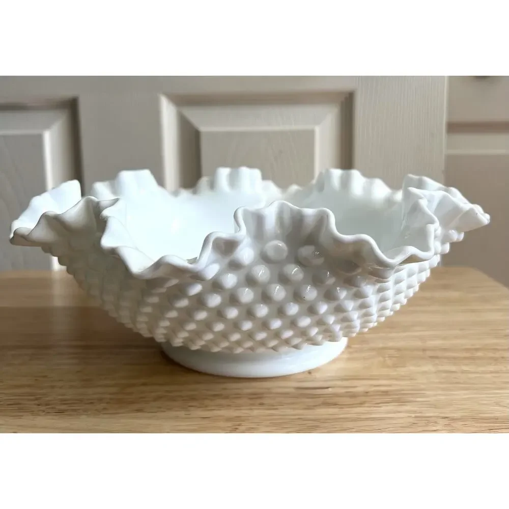 FENTON Vintage Milk Glass Round Hob Nail Double Crimped Ruffle Edge Lg Bowl 11